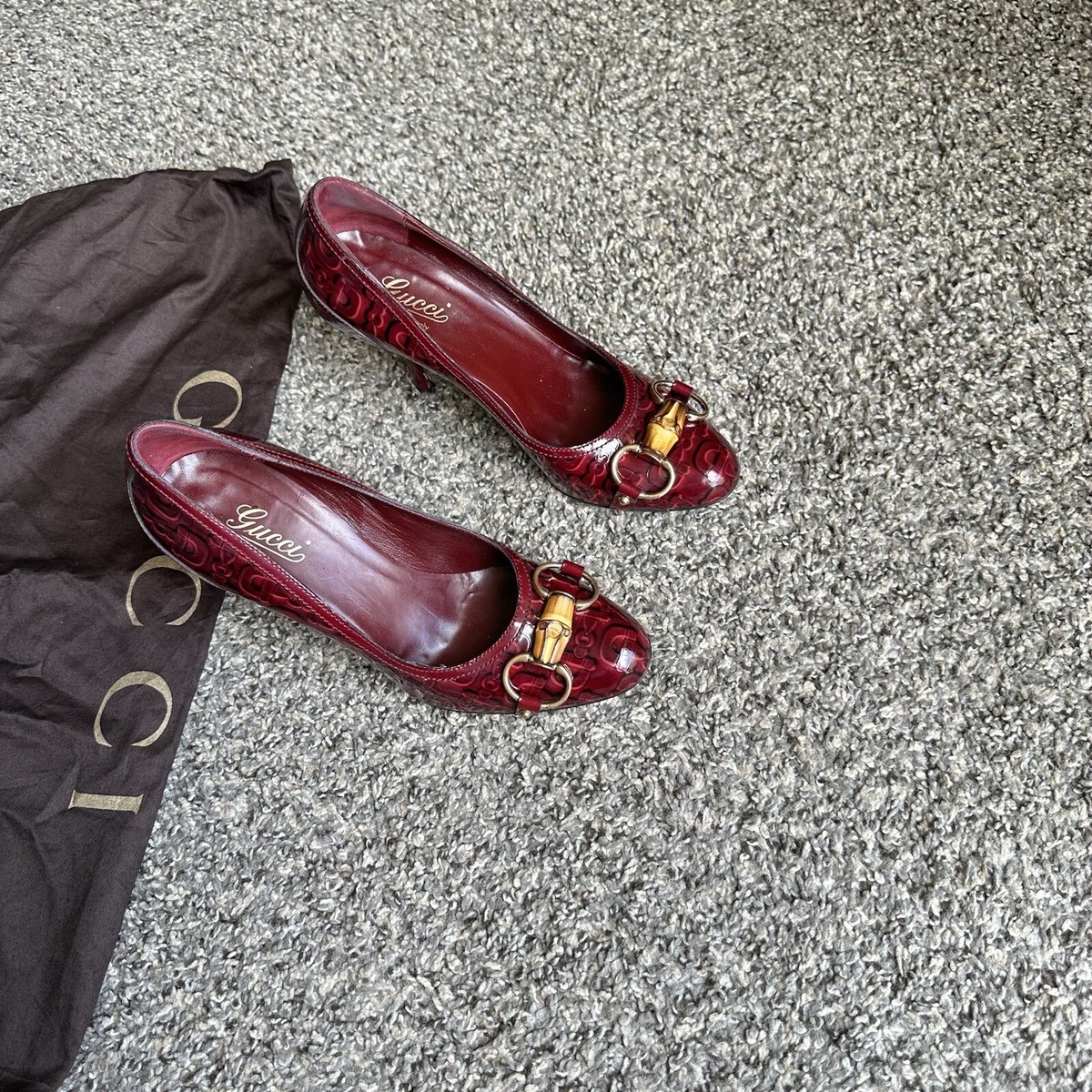 Gucci Women's GG Bamboo Horsebit Heels Pumps Shoes Burgundy
