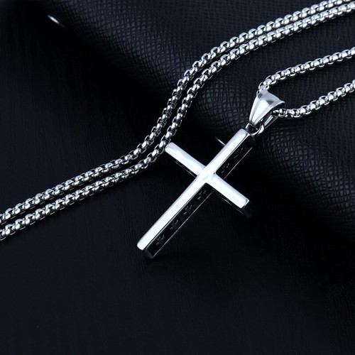 Collier Homme Chaîne Argent Avec Pendentif Croix Et Zircons Noirs - Acier Inoxydable 316L - Longueur Réglable