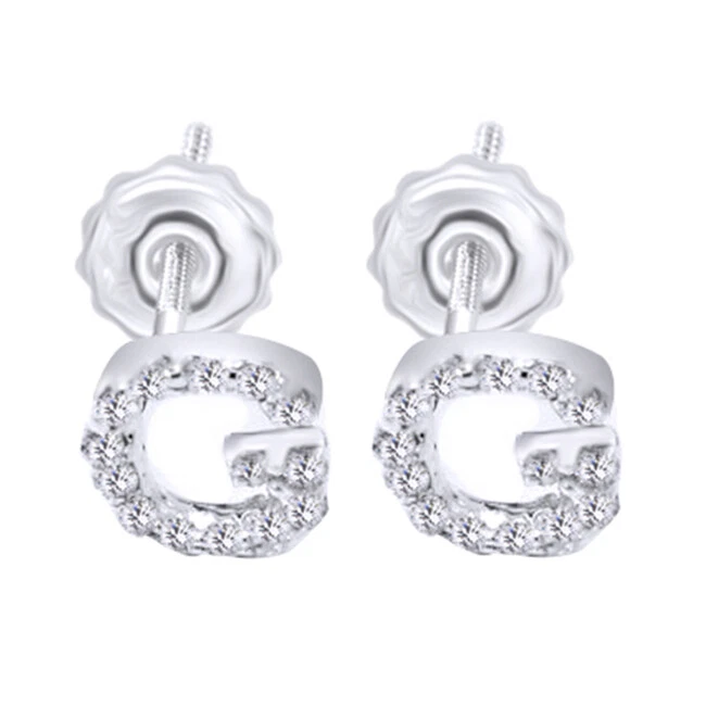 Brincos de ouro branco 14K com parafuso traseiro inicial com destaque de diamante redondo natural "G"