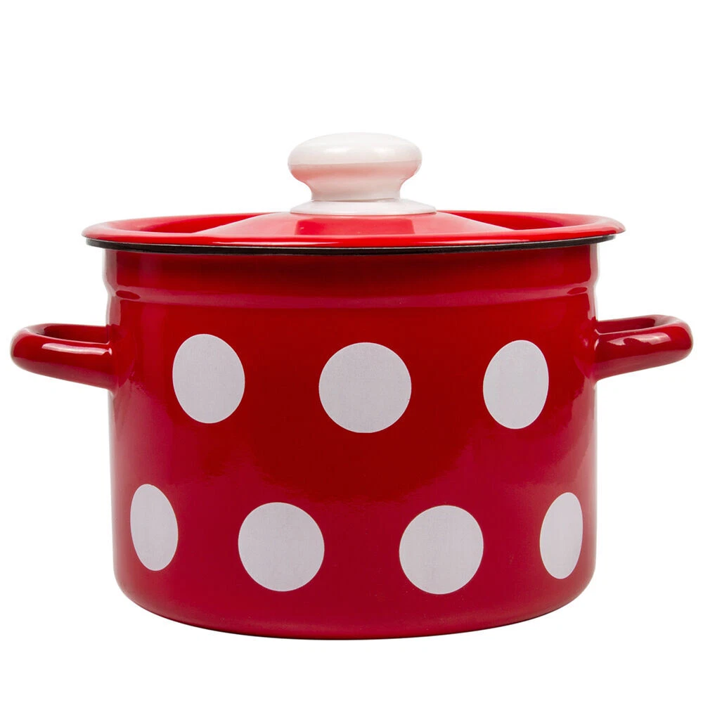Polka Dot Enamel Stockpot Vintage Cooking Pot Enameled Soup Pot UKRAINE, Red