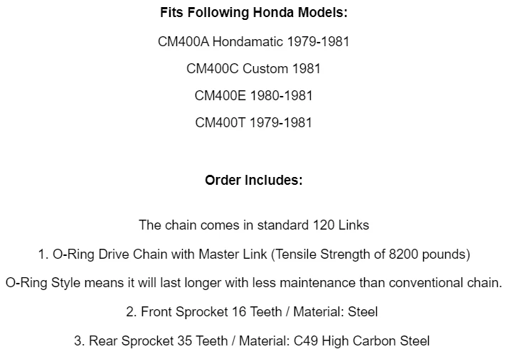 黑色 O 形环传动链和链轮套件适用于本田 CM400A CM400C CM400E CM400T — 第 2/2 张图片