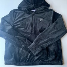 FILA Black Velvet Velour Track Pullover Quarter Zip Up Jacket Y2K Womens Medium