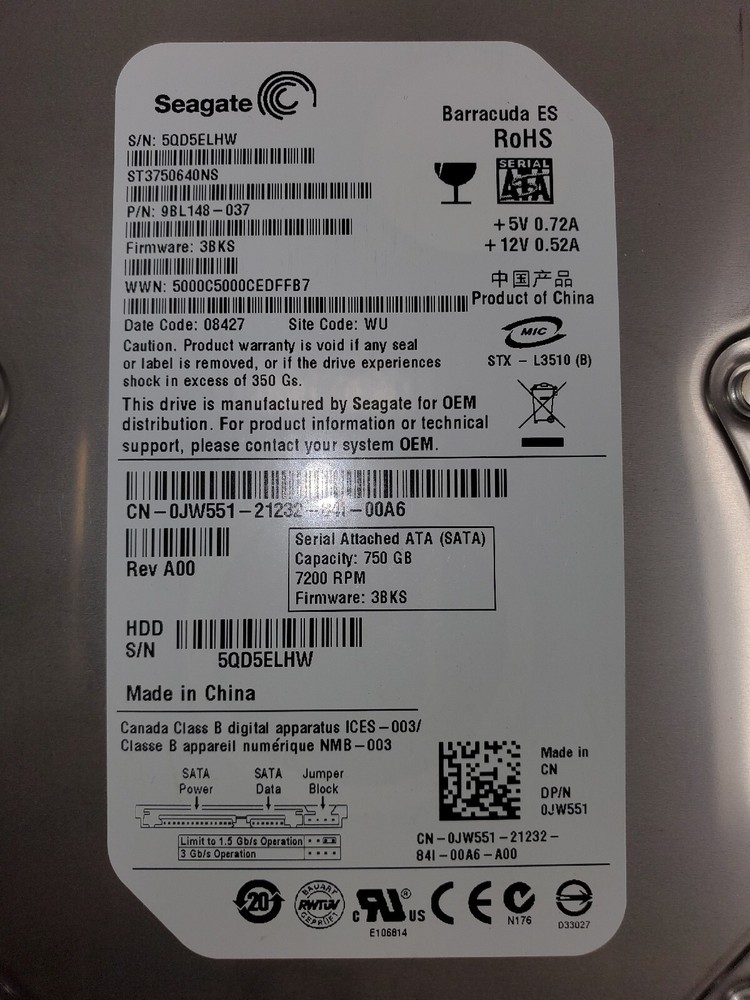 Seagate Barracuda ES 750GB 7200RPM SATA Hard Drive ST3750640NS