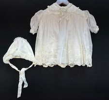 Vintage Baby Christening Gown With Bonnet Lace Embroidered Sheer Overlay White