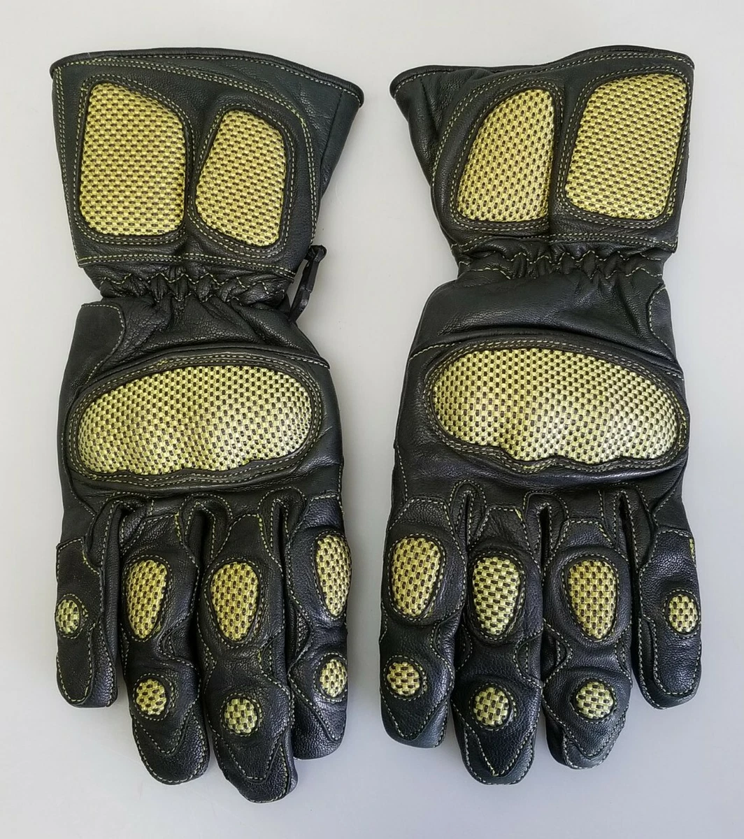 Leather with Kevlar Motorcycle Gloves, Black and Gold, Size Medium