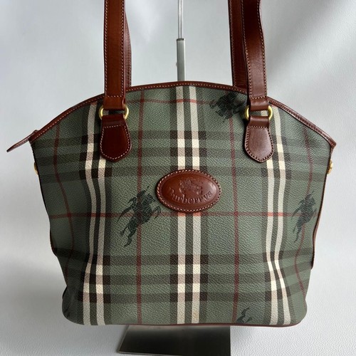 Burberrys Nova Check Shadow Horse PVC Shoulder Bag Green Gold Hardware Used