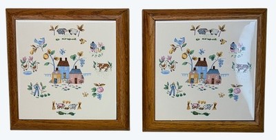 2 International Stoneware Harvest Tile Good Wood Framed Square Trivets 7 1/2''
