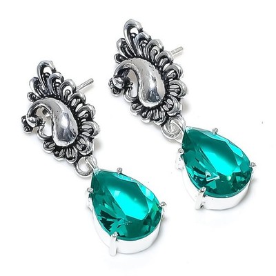 Mint Tourmaline Gemstone 925 Sterling Silver Jewelry Stud Earring Size 1.4''