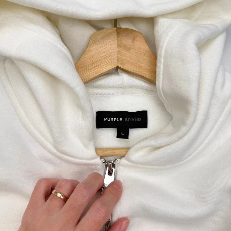 Sudadera con capucha de gran tamaño marca púrpura para hombre talla L marfil cremallera completa algodón pesado Foto 2 de 4
