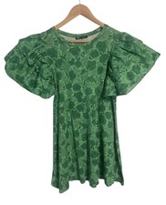 Zara Green Floral Print Mini Dress Double Ruffle Puff Sleeve Size Small