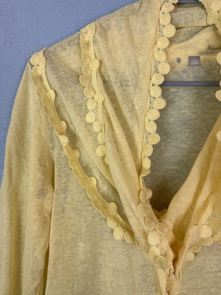 Cárdigan Anthropologie Mujer Mediano Amarillo Lino Transparente Pom Ribete Ligero Foto 3 de 4