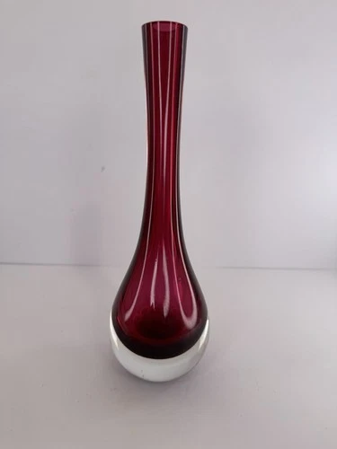Vintage Murano Sommerso Ruby Red Long Neck Teardrop Weighted Art Glass Bud Vase