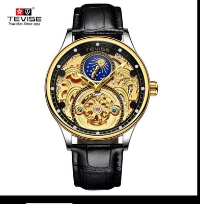 TEVISE Men's Mechanical Skeleton Wristwatch Gold Black Dial Diamond Markers Lea 