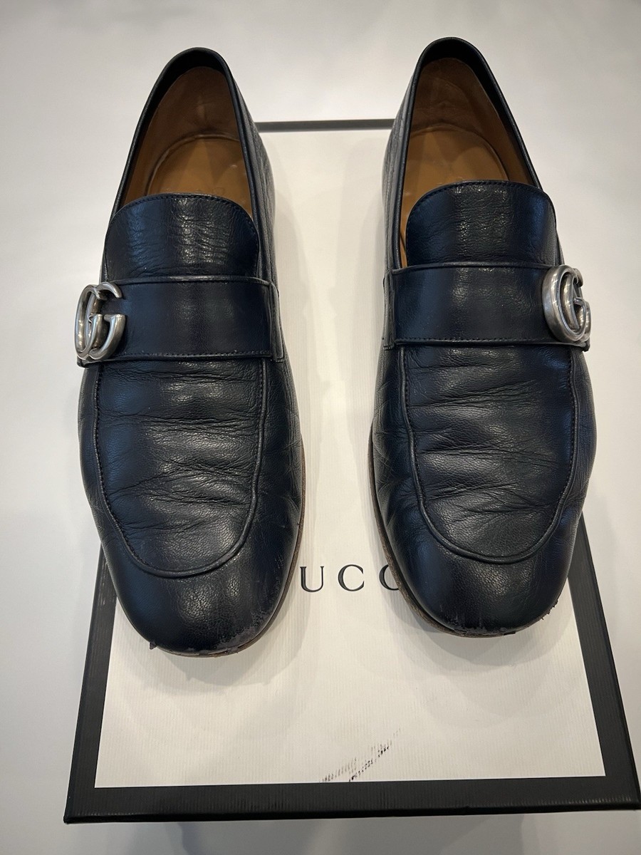Gucci mens marmont shoes Gucci Black Leather GG Marmont Web Detail Slip On Loafers  main image 4