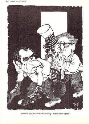 Original 1972 Punch TROG Cartoon Print of Nixon, Kissinger & Exhausted Uncle Sam
