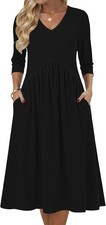 2026 Women's Midi Dress 3/4 Sleeve Empire Waist A-Line Pockets Casual Soft