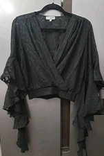 Love Wrap Crop Top Size L Black Burnout Long Frilled Spanish Sleeves Party Top