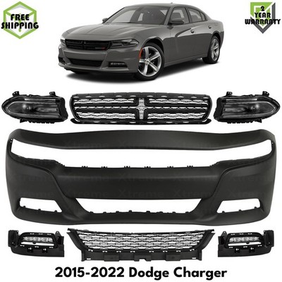 Front Bumper Cover Primed Plastic & Headlights Kit For 2015-2022 Dodge Charger