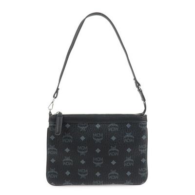 #ad MCM Visetos Logo Leather Shoulder Bag Hand Bag Black Authentic Used F S $313.33