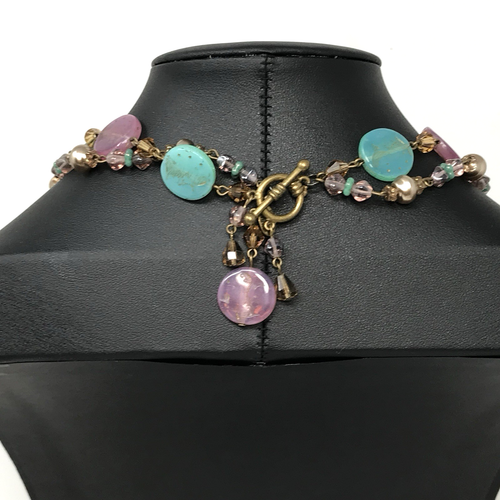 SWEET ROMANCE Necklace Two Strand Pink Green Glass Beads Vintage Fairycore Style - Picture 5 of 7
