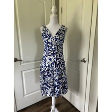 Ralph Lauren, blue and white bold floral midi sleeveless dress, size 4