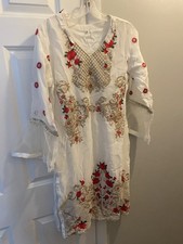 NWT Cream Indian Kurta Embroidered Dress Top Tunic Gold Red Floral Pearls 245 M