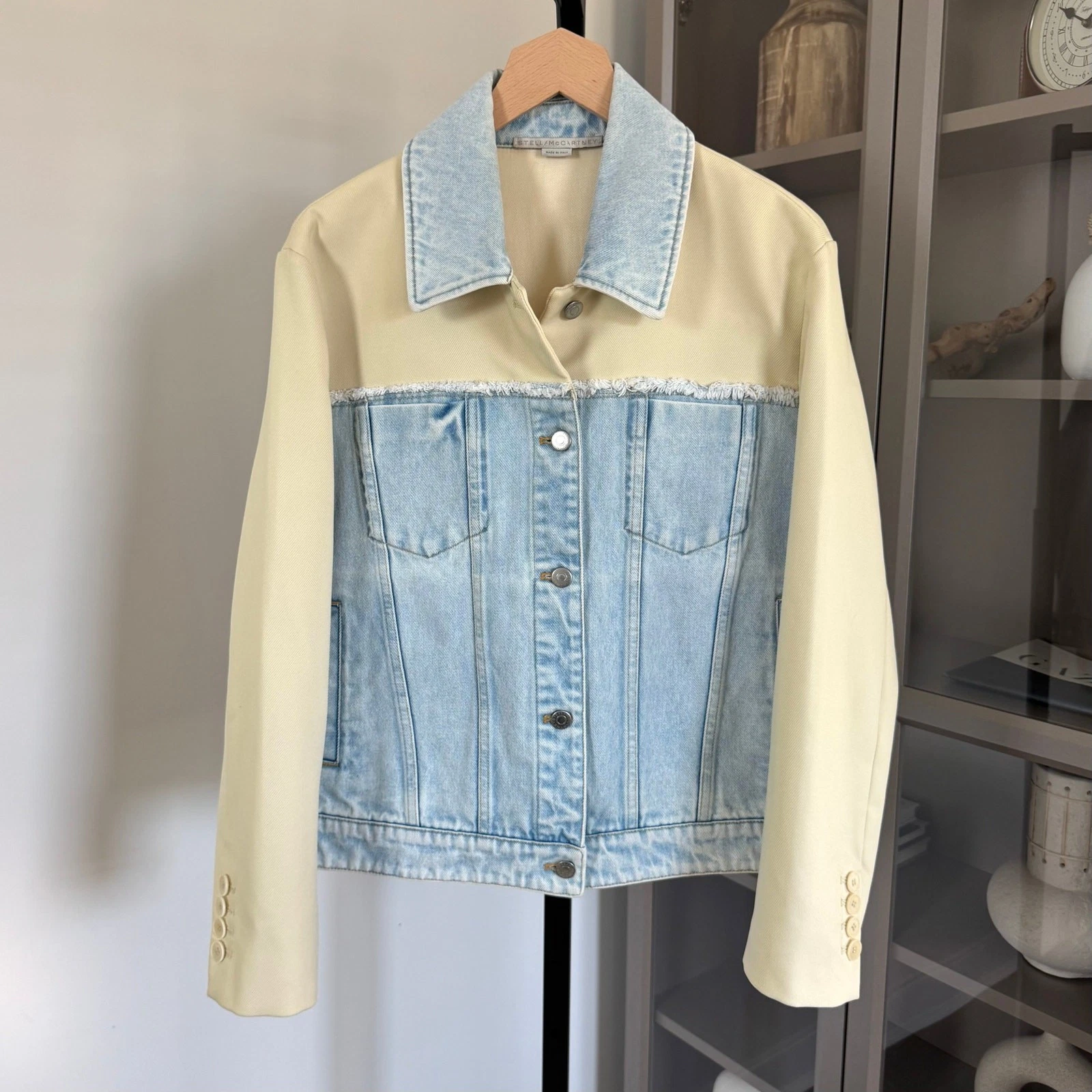 Stella McCartney — Stella McCartney Two Tone Panelled Denim Jacket XL Light Wash Yellow Button