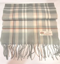 100 CASHMERE SCARF Made in England Soft Wool Wrap Plaid Gray/peach/brown/white