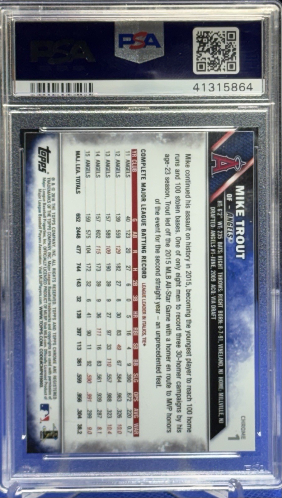 Mike Trout 2016 Topps Topps Chrome SEPIA REFRACTOR PSA 10 view 2