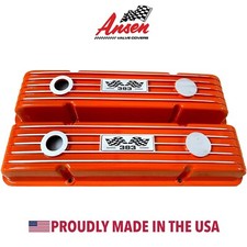 Small Block Chevy 383 Flag Logo Orange Valve Covers Classic Finned - Ansen Usa