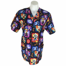 Disney Mickey Minnie And Goofy Halloween Trick Scrub Top Womens Size XS