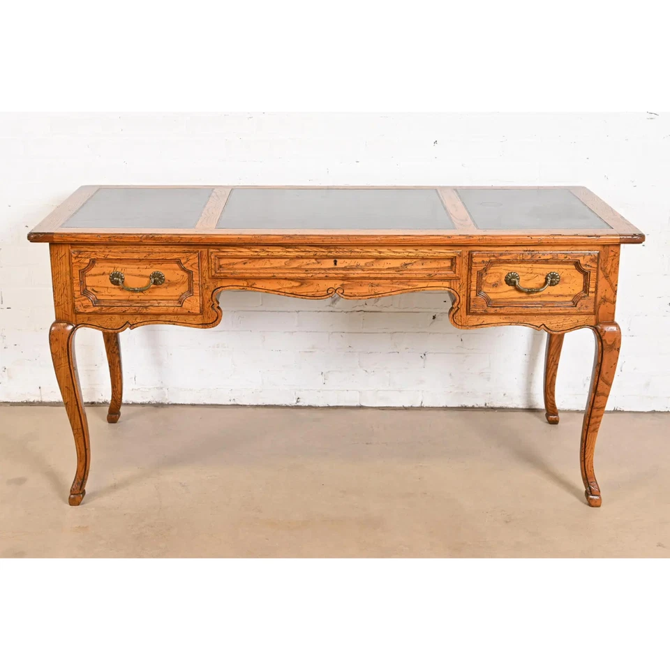 Baker Furniture French Provincial Louis XV Carved Oak Leather Top Bureau Desk - Image 3 of 4