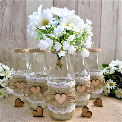 5 x Blumenvasen Vintage Landhaus Deko Flasche Glas Vase Jute Tischdeko Hochzeit
