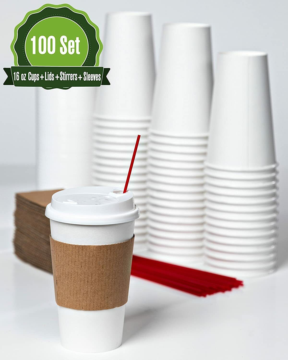 16oz [100 Set] Disposable White Paper Coffee Cups with Lids, Sle