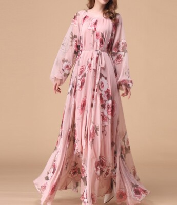 pink flowy long sleeve dress PRETTYGARDEN Women's Fall Boho Maxi Dress Floral Long Sleeve V Neck Fl