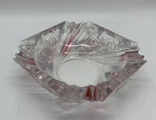 Vtg 7” Crystal Ladies Ashtray Trinket Vanity Dish Pink Roses Blue Leaves