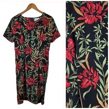 Vintage 90s Kathy Lee Tropical Sheath Dress size Medium unlined Red Knee Length