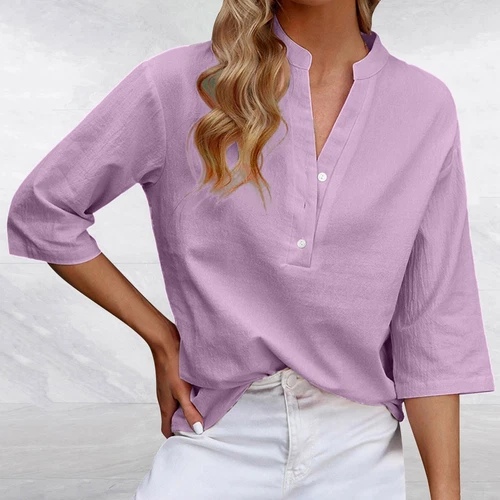 3/4 Sleeve Women's Top Casual Loose Round Neck T Shirt Cute Solid Color Long - Picture 15 of 42