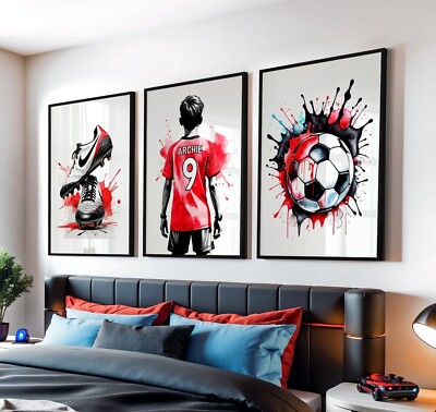 Personalised Football Prints Posters Red Boys Bedroom Gamer Set of 3 Wall Art