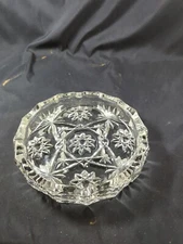 Vtg Heavy Rd Crystal Clear Cut Glass Floral Ashtray Cigar Cigarette 2.7lbs Rare*