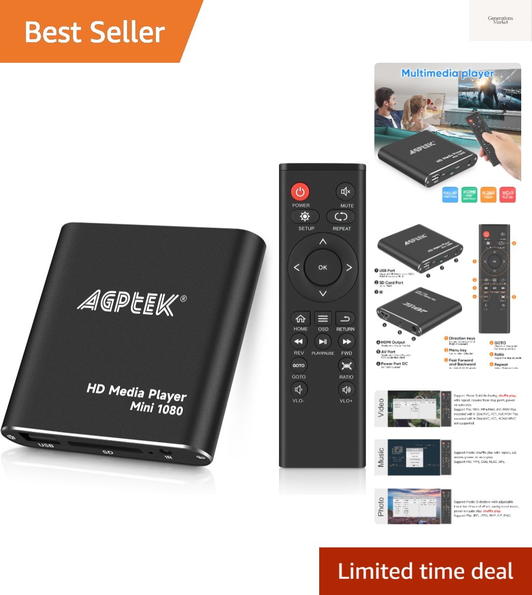, Black Mini 1080p Full-hd Ultra Hdmi Digital Media Player F...