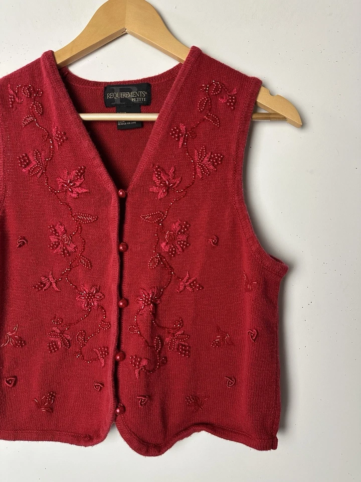 De Colección Suéter Chaleco Rojo Floral Bordado Botones Cuentas Años 80 90 Abuela Cabaña PM Foto 2 de 4