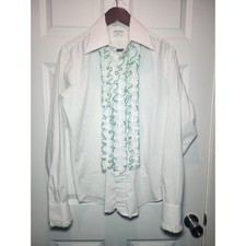 Vintage 60s L M Fashions Men's Large Tuxedo Shirt White Green Ruffle Front