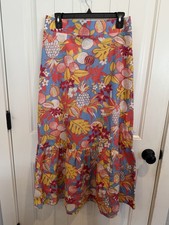 Talbots Fruits Flowers Poplin Tiered Maxi Skirt Colorful Tropical Artsy Size M