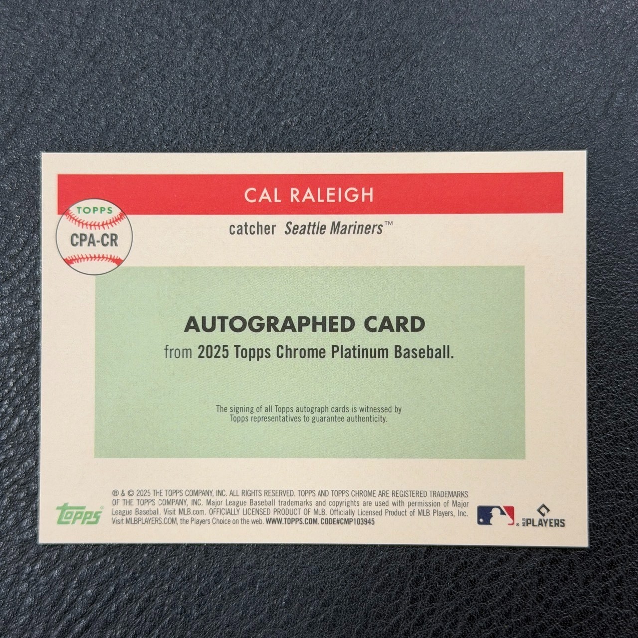 Cal Raleigh 2025 Topps Chrome Platinum Gold Refractor Auto 11/50 HS 666 view 2