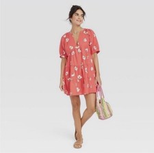 Universal Thread Red White Floral Tiered Mini Dress V-Neck Puff Sleeve S