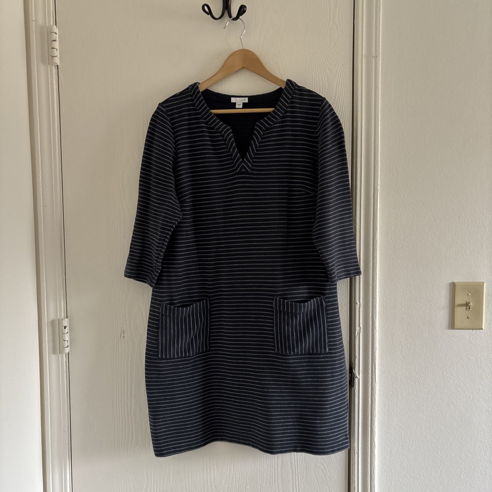 J. Jill Women’s Large Striped Knit Dress Blue 3/4 Sleeve Pockets Cotton Blend