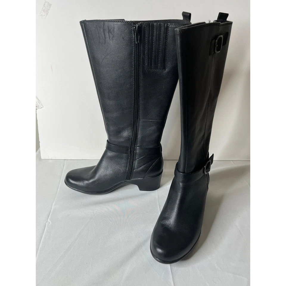 Botas altas hasta la rodilla Clarks de cuero negras para mujer talla 6,5 M hebilla cremallera lateral Foto 2 de 4