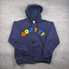 Vintage Disneyland Resort Goofy Zip Up Hoodie Navy Blue Chenille Patch Large
