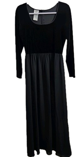 Laura Ashley, VTG 90s Laura Ashley Velvet Silk Black Maxi Evening Dress Long Sleeve US Sz 10